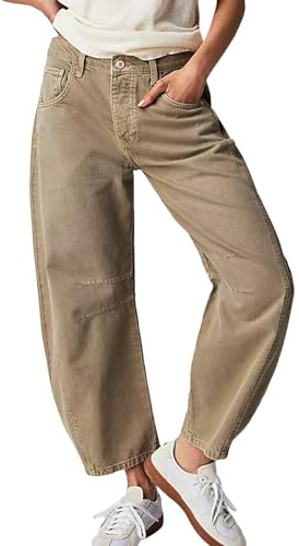 Jeans da donna con gamba larga, stile baggy, a vita media, pantaloni a palloncino in denim vintage, Boyfriend-Y2K, streetwear, comodi, pantaloni caldi per il tempo libero, cachi, M
