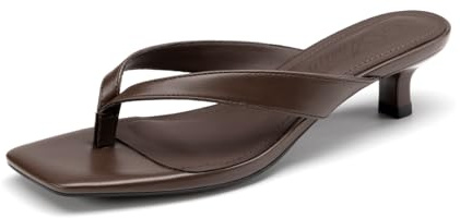 Athlefit Women's Kitten Heels Brown Flip Flops Square Toe Comfortable Low Heels Slip On Summer Heeled Thong Sandals Brown Size 7