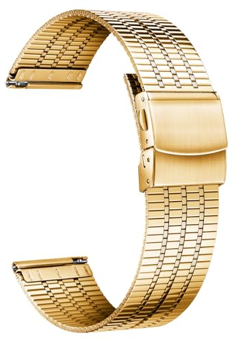 BINLUN Bracelets de Montre en Acier Inoxydable, Sangles de Remplacement en Métal Ultra Fines pour Hommes et Femmes, 12/14/16/18/20/22mm(Or,18mm)