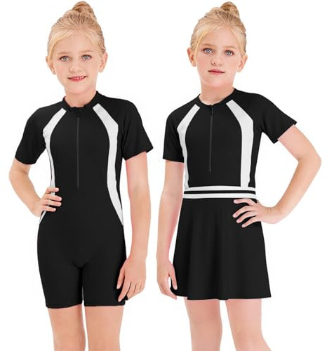 Girls Swimming Costume, One-Piece Kids Swimsuit, Swimming Costume with Skirt, Short Sleeve Swim Suit for Girl, Children's Quick Dry Swimwear Beach Bathing Summer Surfing Water Sport Suits (Black(XL))