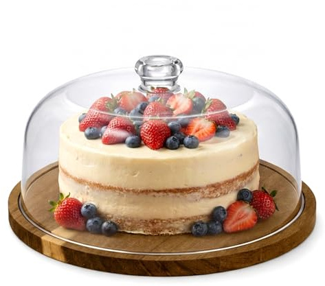 EVERGOODS Cake Stand with Domes Lid Cake Stands with Dome Lids,10-Inch Cake Stand with Domes Lid – Non-Slip Acacia Wood Base & Clear Shatterproof Acrylic Dome Cover for Cakes, Pastries, Cheese