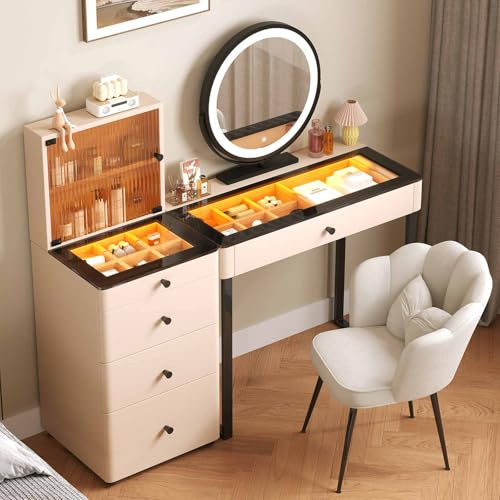 HSSTYLE Modern Dressing Table with Mirror and Lights, Vanity Table with Tempered Glass Display Top, Reversible 4-Drawer Cabinet, Stool, Pre-Assembled Makeup Vanity for Small Bedroom