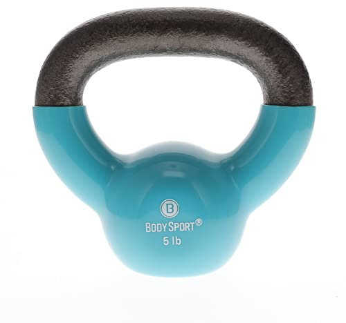 Body Sport Cast Iron Vinyl Coated Kettlebells, 5 lb., Light Blue – Kettlebell for Weight Lifting – Strength Training Kettlebell – Professional Fitness for Gym & At Home