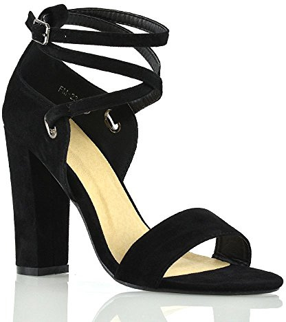 ESSEX GLAM Womens Strappy Sandals Block Mid High Heel Ladies Open Toe Evening Party Shoes