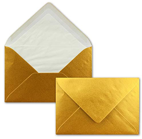 50 Briefumschläge Gold Metallic Glänzend - DIN C6 - gefüttert mit weißem Seidenpapier - 90 g/m² - 11,4 x 16,2 cm - Nassklebung - NEUSER PAPIER
