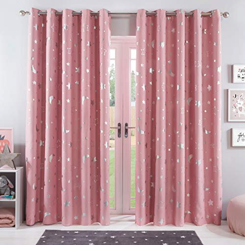 Dreamscene Galaxy Star Thermal Blackout Curtains PAIR of Eyelet Ring Top Panels Kids Girls Metallic Moon - Pink Blush, Width 46 x Drop 54
