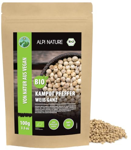 Alpi Nature Kampot Peppar Vit BIO 100g, Ekologisk Hela Pepparkorn, Kampot Vitta Pepparkorn