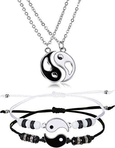 Herdear 4 Pcs Yin Yang Necklace Bracelet Set Matching Friendship Necklaces Yin and Yang Adjustable Rope Bracelets for Best Friends Boyfriends and Girlfriends Valentine Gifts