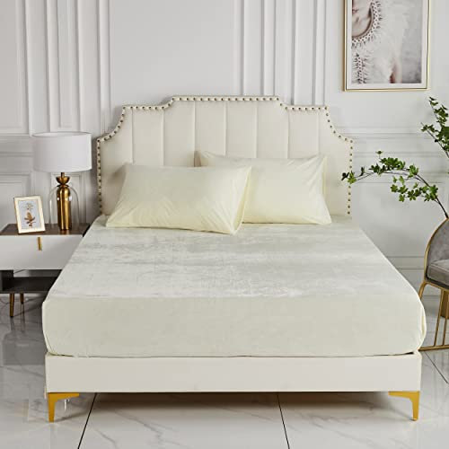 Damier Plüsch Spannbettlaken 120x200x30cm Beige Weiß Winter Warme Flauschige Bettlaken Cashmere Touch Spannbetttuch Geeignet für 30cm Matratze