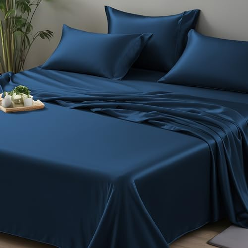 LINENWALAS Organic Vegan Bamboo Flat Sheet Only, Softest, Silky Cool Bamboo Bedding Only Flat Bed Sheet Emperor Size Luxury Flat Sheet Perfect for Skin (126x114 Inches, Navy Blue)