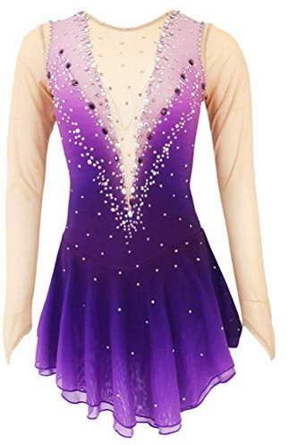 JRUIA Damen-Trikots Für Rhythmische Gymnastik Verlaufsfarbe Professioneller Eiskunstlauf Dress Performance Anzug Luxuriöser Glänzender Strass Rollschuh Wettkampfrock,Lila,11_13Years
