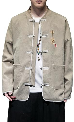 ZALTAS Männer chinesischer Stil Tang Anzug Chinesische Kleidung Bestickt langärmeliges Retro Hanfu Lose übergroße Jacke Khaki-M