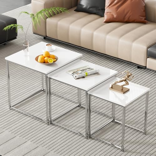 Rainbow Tree Set of 3 Nesting Coffee Tables White for Living Room, High Gloss Nest of 3 Nested Tables Sofa Side Table Coffee Table End Tables Space Saving