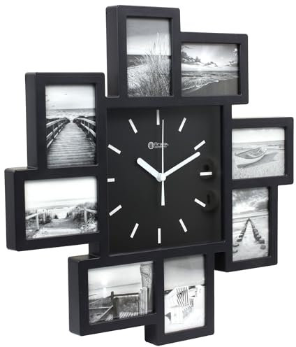 Miraval Design Bilderrahmenuhr Wanduhr mit 8 Bilderrahmen zum Individualisieren 350 mm lautlos kein Ticken Japanisches Quarzuhrwerk (Schwarz)