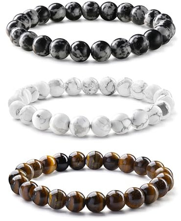 Milacolato 3-5PCS Herren Armbänder - 8MM Tigerauge, Schwarze Perlen, Elastischer Lavastein - Vatertag Schmuck Geschenke für Männer
