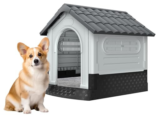 FIVMEN Caseta para perros al aire libre con puerta y tragaluces, resistente al agua y a los rayos UV, para exteriores, de plástico, gris, 79,5 x 70,5 x 78 cm