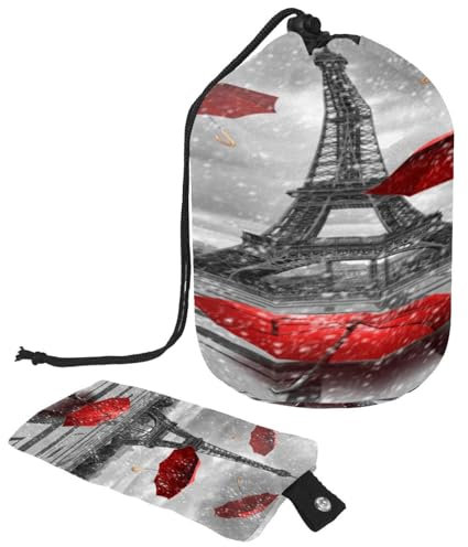 Beauty case con coulisse, Torre Eiffel con ombrelli rossi volanti, a forma di barile, borsa per cosmetici, organizer da viaggio per trucchi + piccola borsa, Multi,