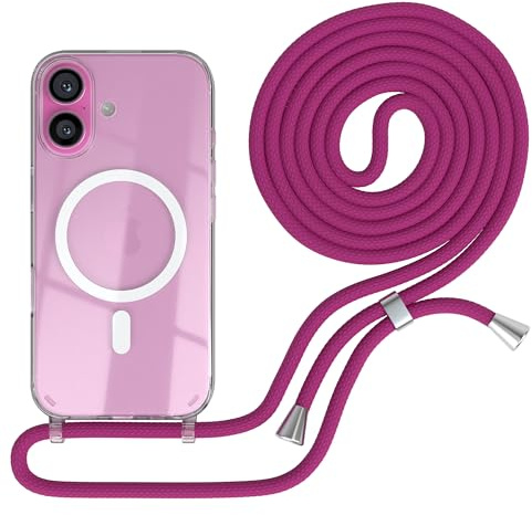 EAZY CASE - mobilkedja kompatibel med iPhone 16, kedja för upphängning, stötsäkert mobilskal för iPhone 16, silikonskal med rem, transparent mobilskal i Rosa