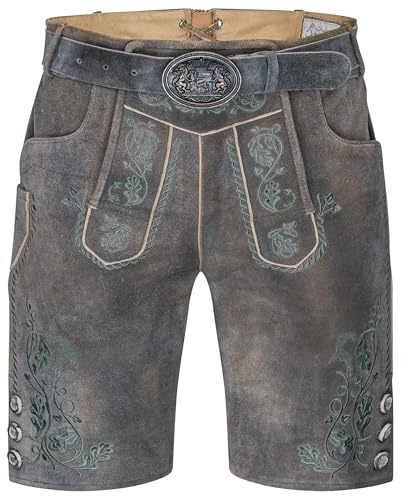 Schöneberger Traditionell couture läderbyxor för män, korta med kostymbälte – traditionella bayerska kostymbyxor bruna av original nubuckläder, antikt