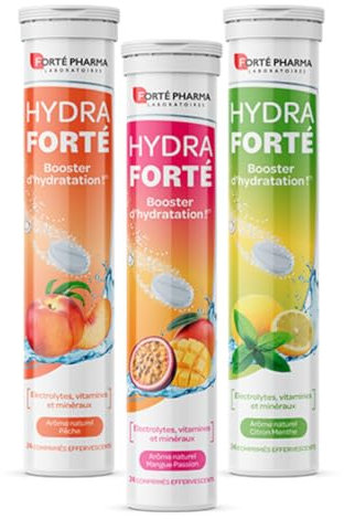 Forté Pharma - Hydra Forté - Sport, chaleur, voyages - Hydratation - Electrolytes, Vitamine C, Magnésium - Pêche, Citron Menthe, Mangue Passion - 24x3 comprimés effervescents - 1 à 2/jour