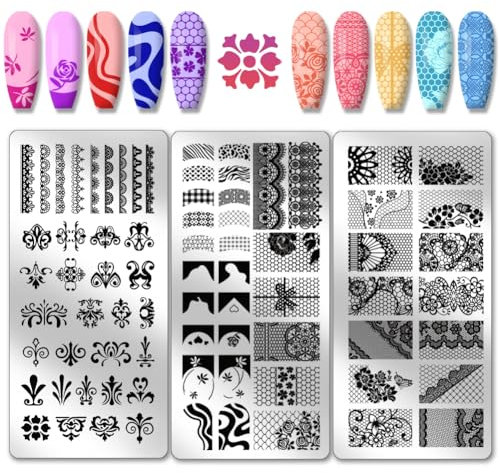 PH PandaHall 3 piezas de placa de sello de uñas con patrón de encaje francés, plantilla de arte de uñas de acero inoxidable, placa de imagen de uñas, patrón de encaje, plantillas de arte para mujer