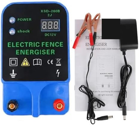 Elstängselaggregat Staket Solar Boskapskontroll LCD Elstängsel LCD Spänningsdisplay Högdecibellarm 10KM Vattentät för hästar och andra djur(Blauw)