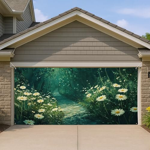 Couverture de porte de garage vintage avec fleurs sauvages, grandes décorations de porte de garage, décoration intérieure ou extérieure, toile de fond pour fête d'été, 397 x 180 cm