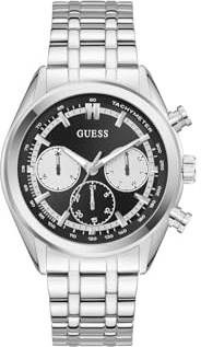 Guess Dawson GW0971G1 Montre pour Homme avec Affichage de la Date et Bracelet en Acier Inoxydable argenté, Verre minéral, Cadran Noir, 5 Bar, diamètre du boîtier : 44 mm