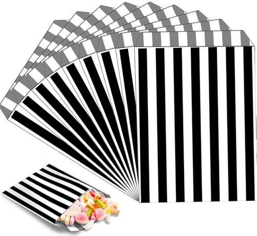 100 sacchetti neri per dolci, piccoli sacchetti per caramelle a righe, 12,7 x 17,8 cm, per dolcetti|popcorn|pane|panini|biscotti, sacchetti per feste per snack, dolci, regali di torte, matrimoni