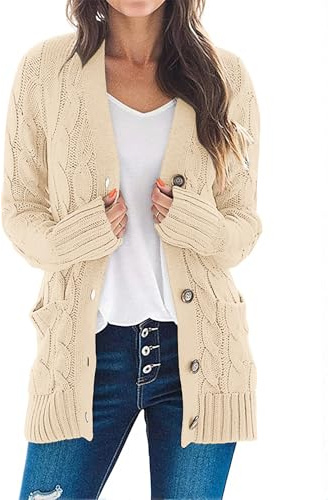 MEROKEETY Women's Cable Knit Cardigan Sweaters 2026 Fall Spring Long Sleeve Open Front Button Down Trendy Outerwear Coats, LightApricot, X-Large