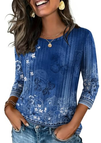 Zeagoo Tee Shirt Femme Manche 3/4 Col Rond Chemisier Casual Été S-3XL