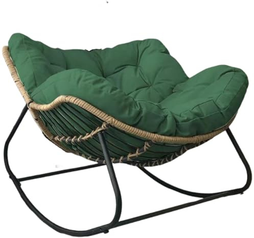 Fauteuil à bascule surdimensionné en osier vert avec coussin épais – Rocker robuste en rotin pour une utilisation en intérieur/extérieur, parfait pour patio, porche, terrasse, bord de piscine et