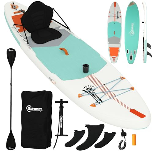 Outsunny Tavola da paddle surf gonfiabile con accessori, 335 cm, pagaia convertibile, sedile, pinne, tavola da stand up paddle con superficie antiscivolo, pompa, zaino e custodia, carico 180 kg, per