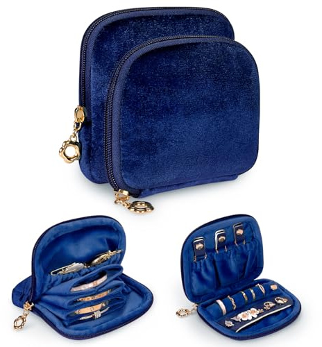 SITHON Portagioie da Viaggio, Organizer per Gioielli Portatile 2 in 1 con Porta Anelli, Borsa Portaoggetti per Anelli, Orecchini, Collane e Bracciali, Blu reale