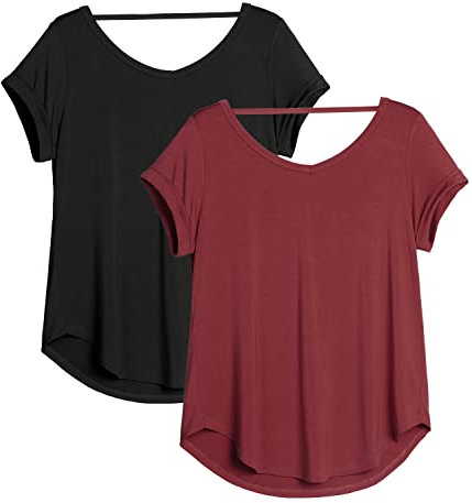 icyzone Damen Rückenfrei Yoga T-Shirt Kurzarm Sport Freizeit Tops Lose V-Ausschnitt Shirt, 2er Pack (XL, Schwarz/Weinrot)