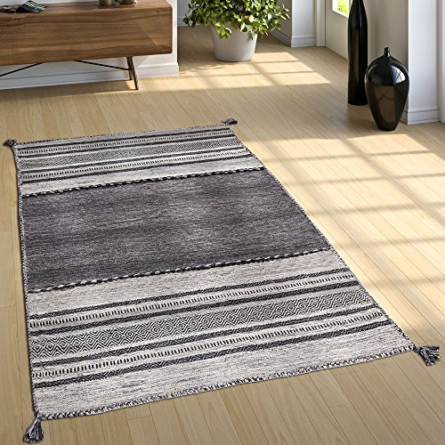 Paco Home TTapis Salon Nature Franges Tissé Main 100% Coton, Dimension:160x220 cm, Couleur:Gris
