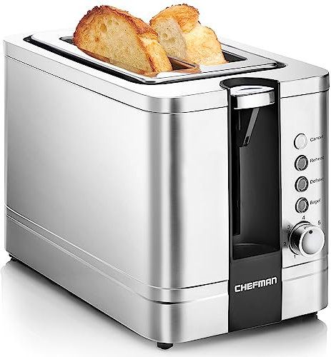 Chefman 2 Slice Toaster, 7 Shade Settings, Stainless Steel, 2 Slice with Extra-Wide Slots, Thick Bread and Bagel Toaster, Reheat, Defrost, Cancel, Lift Lever, Removable Crumb Tray