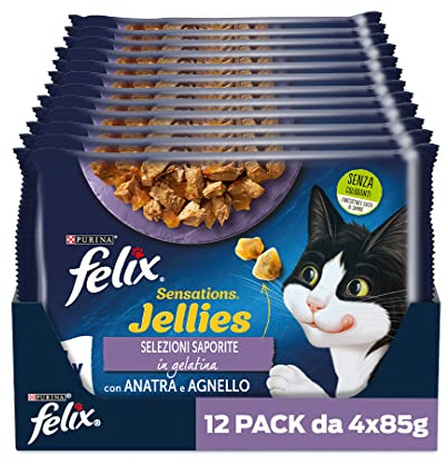Felix Purina Sensations Jellies Cibo Umido per Gatti con Agnello in Gelatina Insaporita con Selvaggina e con Anatra in Gelatina e Spinaci, 48 buste da 85g ciascuna