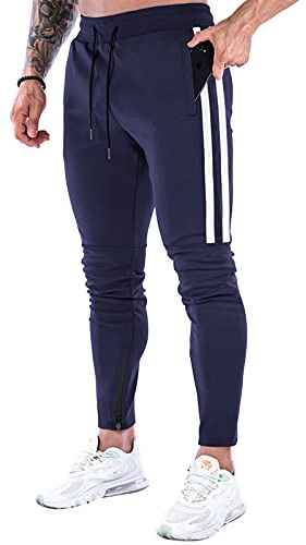 Suwangi Pantaloni Tuta Uomo Palestra Running della Allenamento Slim Fit Design a Righe con Tasche Zip