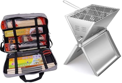 Kit de barbecue Ved pour hommes et femmes, barbecue en acier inoxydable très résistant, outils avec gants jetables, bâton en bambou, pinces, feuille d'étain, brosse, dans un sac en toile portable.
