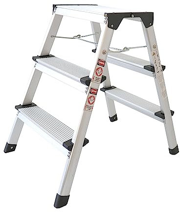 Alu Trittleiter zusammenklappbar | 3 Stufen | 61 cm Höhe | Leichter Klapptritt, Tritthocker | klein und kompakt | mit rutschfesten Füßen | belastbar bis 150 kg | Haushaltsleiter