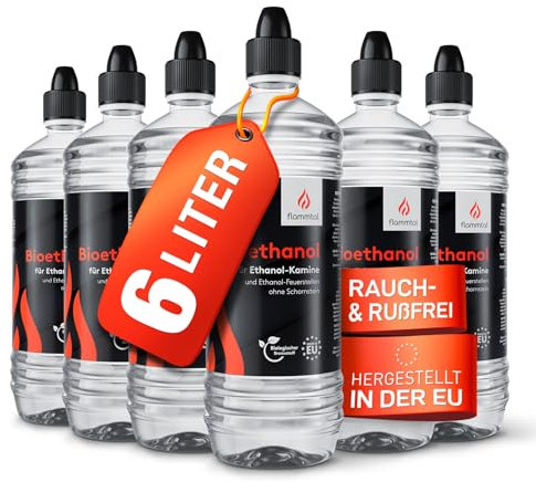 flammtal - Bioethanol für Tischkamin [6x1 Liter] und Standkamin - Rußfreies Bio Ethanol Indoor & Outdoor - Nachhaltiges Bioethanol für perfektes Flammenbild - Mit Dosieröffnung und hoher Wärmeabgabe