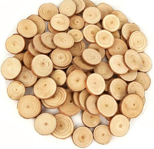 100PCS Rodajas de Madera Círculos, BetterJonny Discos de Madera Rebanada Natural Maderas Naturales Perforado Con Corteza de Árbol para Adornos de Halloween Navidad Manualidades, No más de 3 cm
