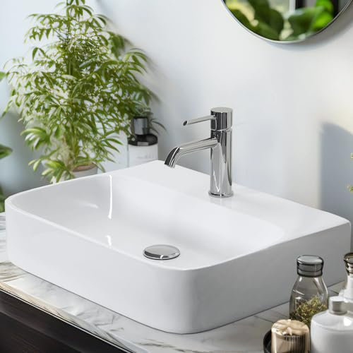 EMKE Waschbecken 60 x 48 x 14 cm, Aufsatzwaschbecken Hängewaschbecken für Badezimmer Gäste WC, Eckig Handwaschbecken Bad Waschbecken Klein Wandwaschbecken Waschtisch Weiß