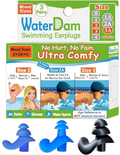 WaterDam Schwimm-Ohrstöpsel, ultra-bequeme, wasserdichte Ohrstöpsel verhindern Schwimmerohr (klein, mittel, groß, blau, schwarz)