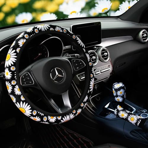 TOEECY 3 Pezzi Set Coprivolante Margherita Decorativo Universale Protezione Volante Auto Accessori Interni Antiscivolo Elegante Stampa Floreale