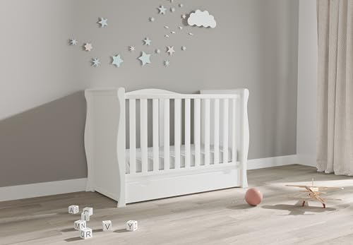 Viculii Willow Baby Sleigh Mini Cot Bed with Drawer and Mattress 120x60x10cm | 3 in 1 Baby White Cot Converts to Toddler Bed Junior Bed