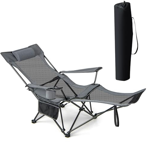 KOMFOTTEU Silla de Camping Plegable, Silla de Pesca con Respaldo Ajustable y Reposapiés Extraíble, Tumbona con Soporte para Bebidas, Bolsillo Lateral y Bolsa de Transporte (Gris)