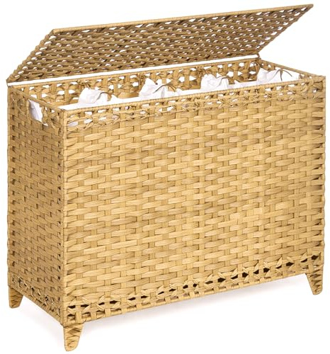 Wäschekorb mit 4 herausnehmbaren Beuteln; handgewebter Rattan-Deckel und erhöhten Füßen; Wäschekorb mit Seitengriffen (Natur)