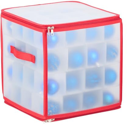 Relaxdays Weihnachtskugel Aufbewahrungsbox, 64 Fächer, HxBxT: 31 x 30 x 30 cm, Christbaumkugel Box, transparent/rot